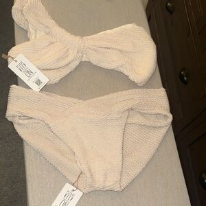 Textured Cream Two-Piece Bikini Set with Knot Top-My Brazilian